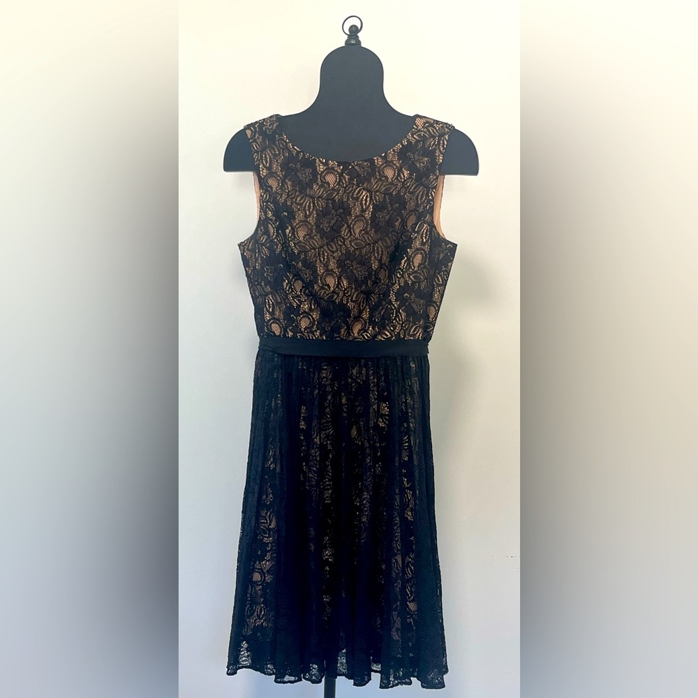Adrianna Papell Black and Cream Sleeveless A-Line Lace Overlay Midi Dress